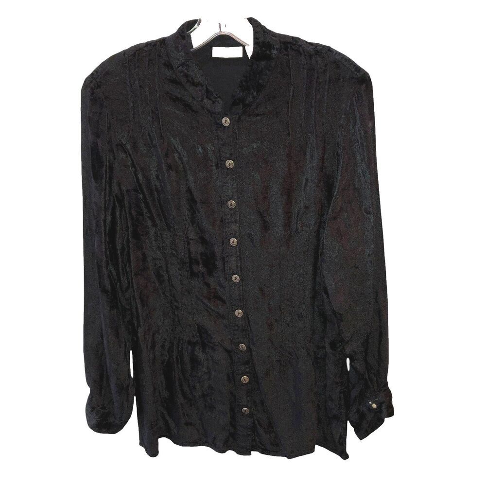 VTG White Stag Womens Large Black Velvet Velour Button Up Shirt Top Whimsigoth
